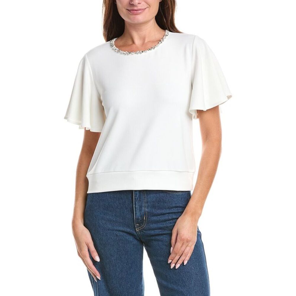 Gracia Womens Crystal Embroidered Crewneck Top, White